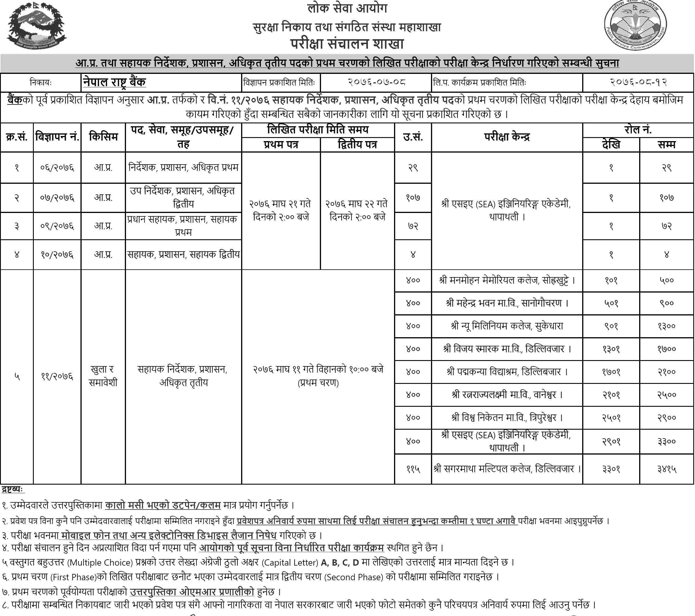 Nepal Rastra Bank Written Exam Schedule and Exam Center 2076