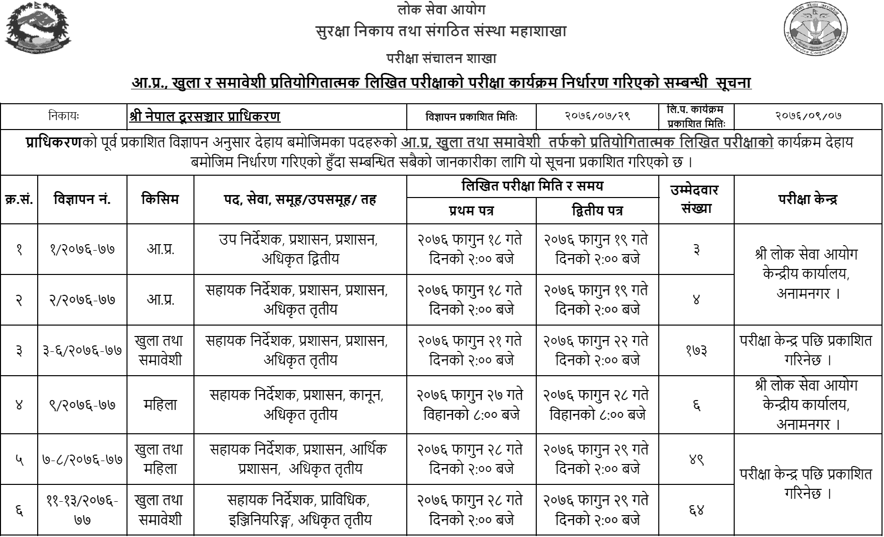 Nepal Telecommunication Authority Written Exam Schedule and Exam Center