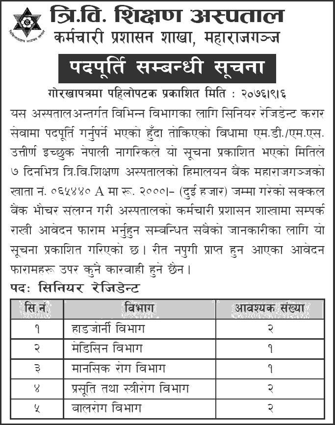 TU Teaching Hospital Job Vacancy Notice