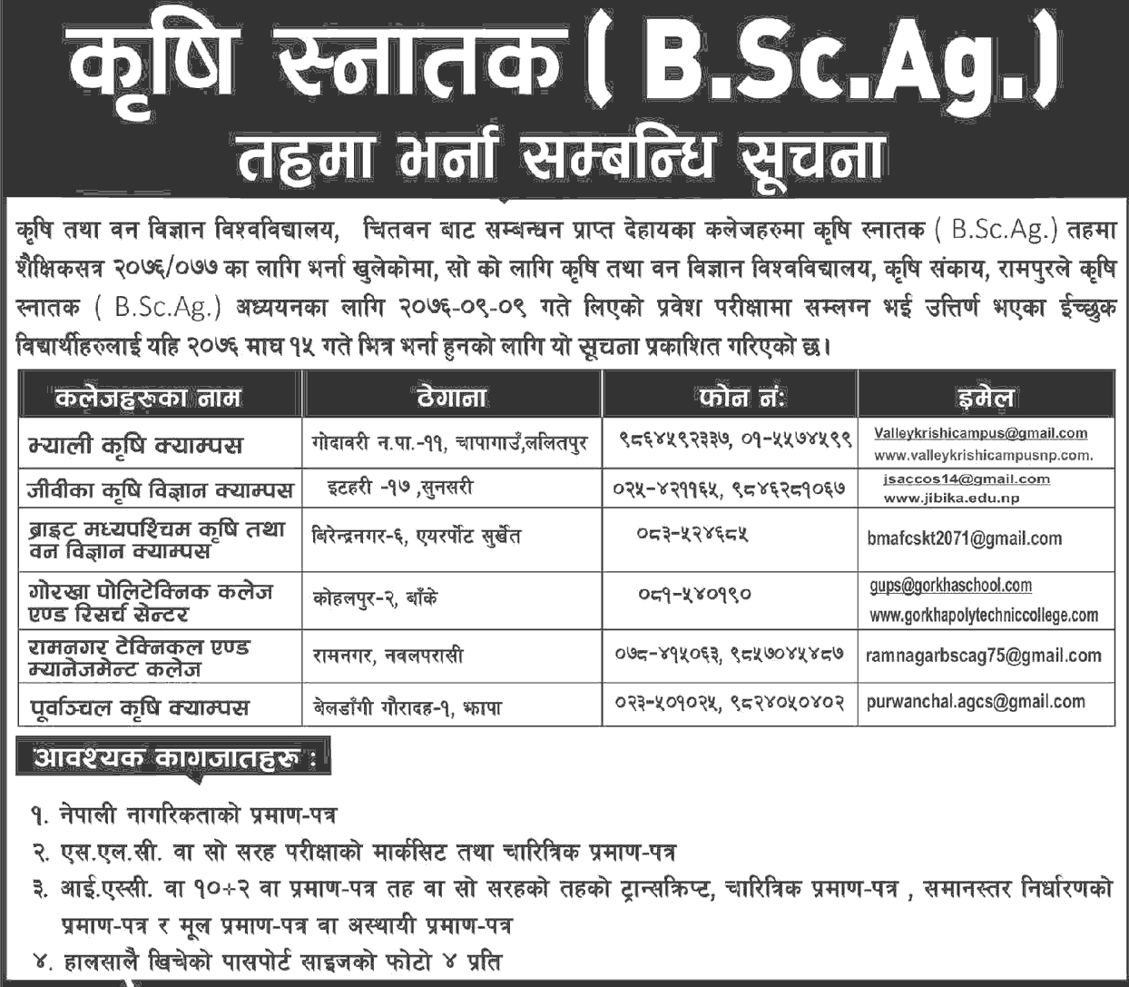 B.Sc.Ag. Admission Open in Various Colleges