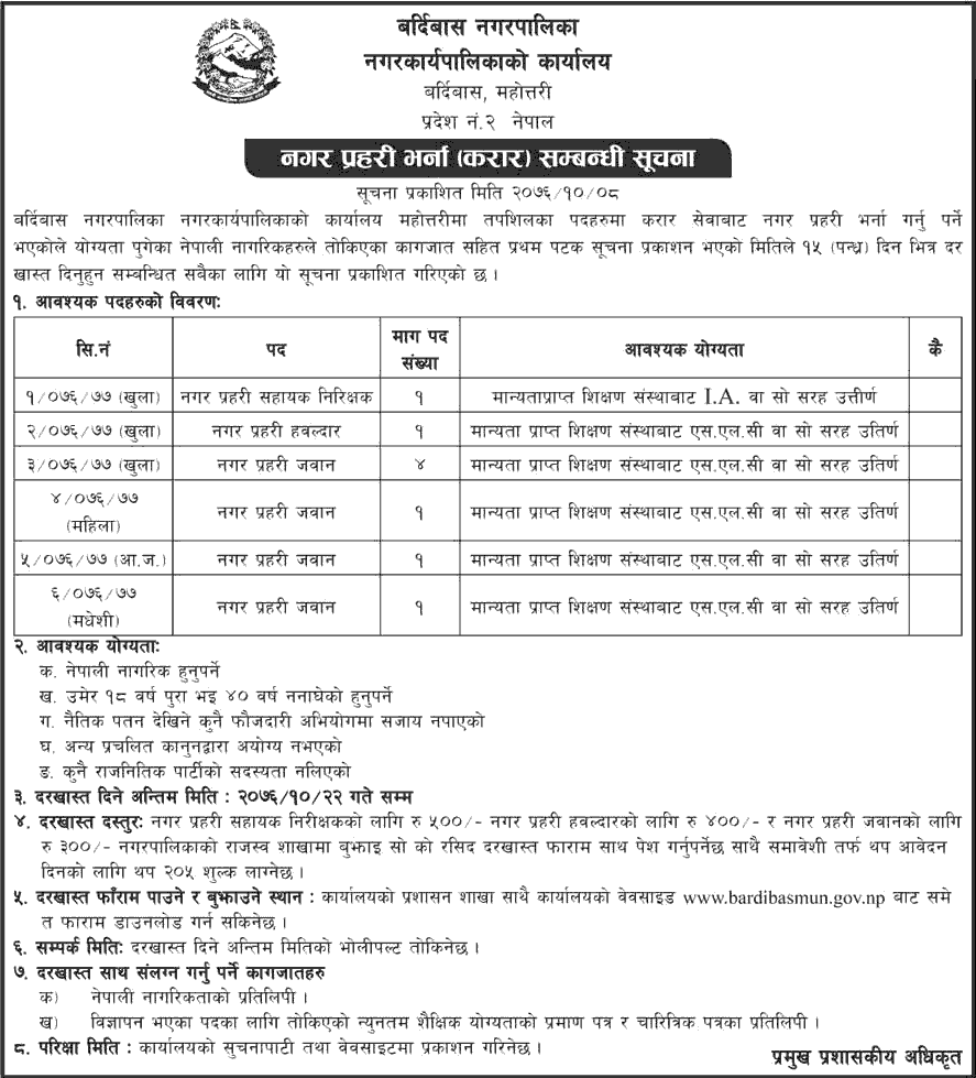 Bardibas Municipality Vacancy for City Police