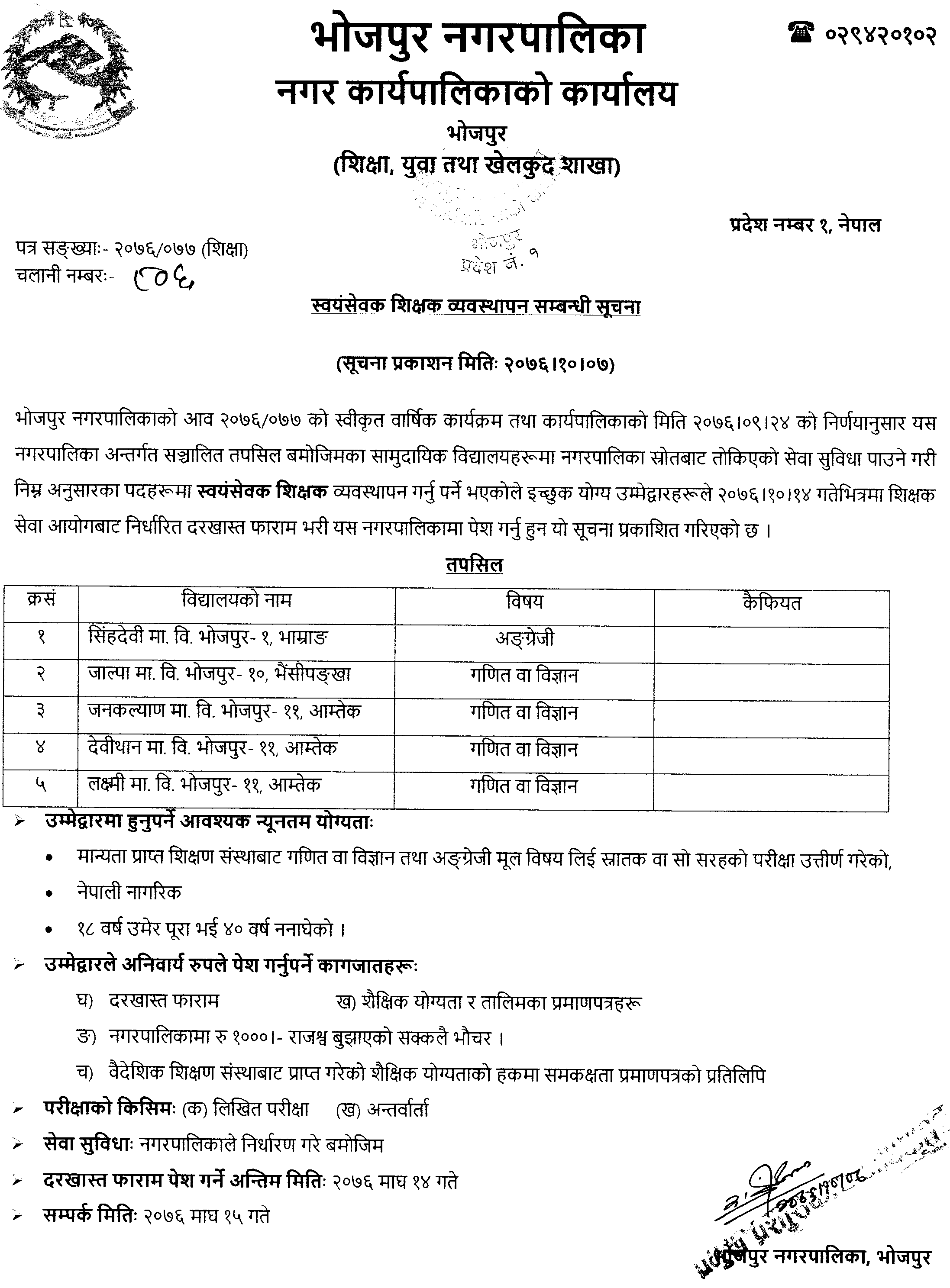 Bhojpur Municipality Vacancy for Teacher