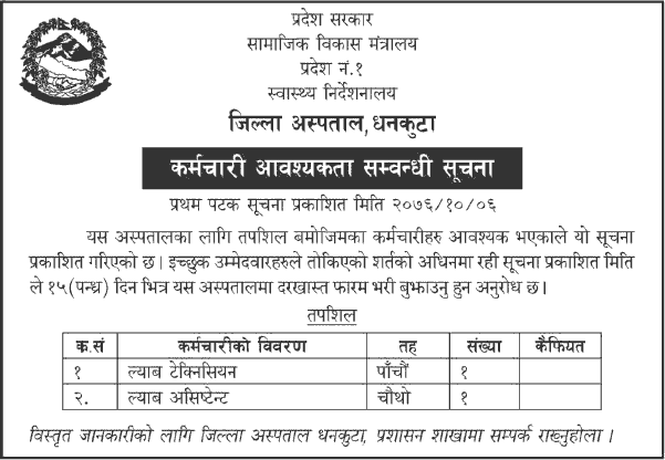 Dhankuta District Hospital Vacancy for Health Services