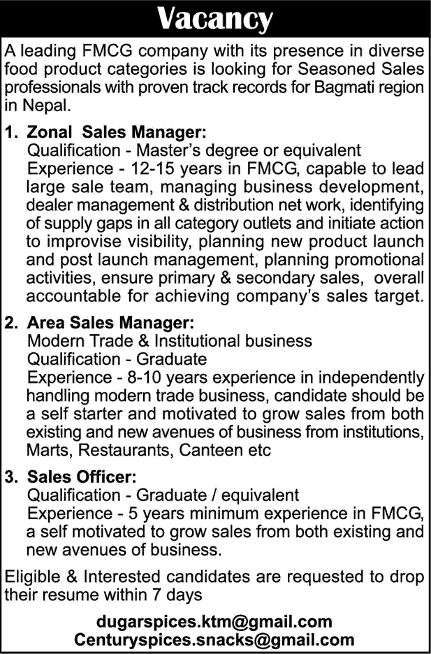 FMCG Company Vacancy for Sales Manager and Sales Officer
