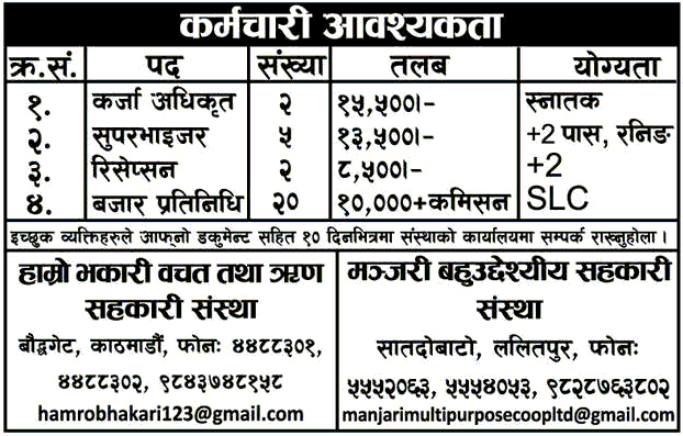 Hamro Bhakari and Manjari Sahakari Job Vacancy