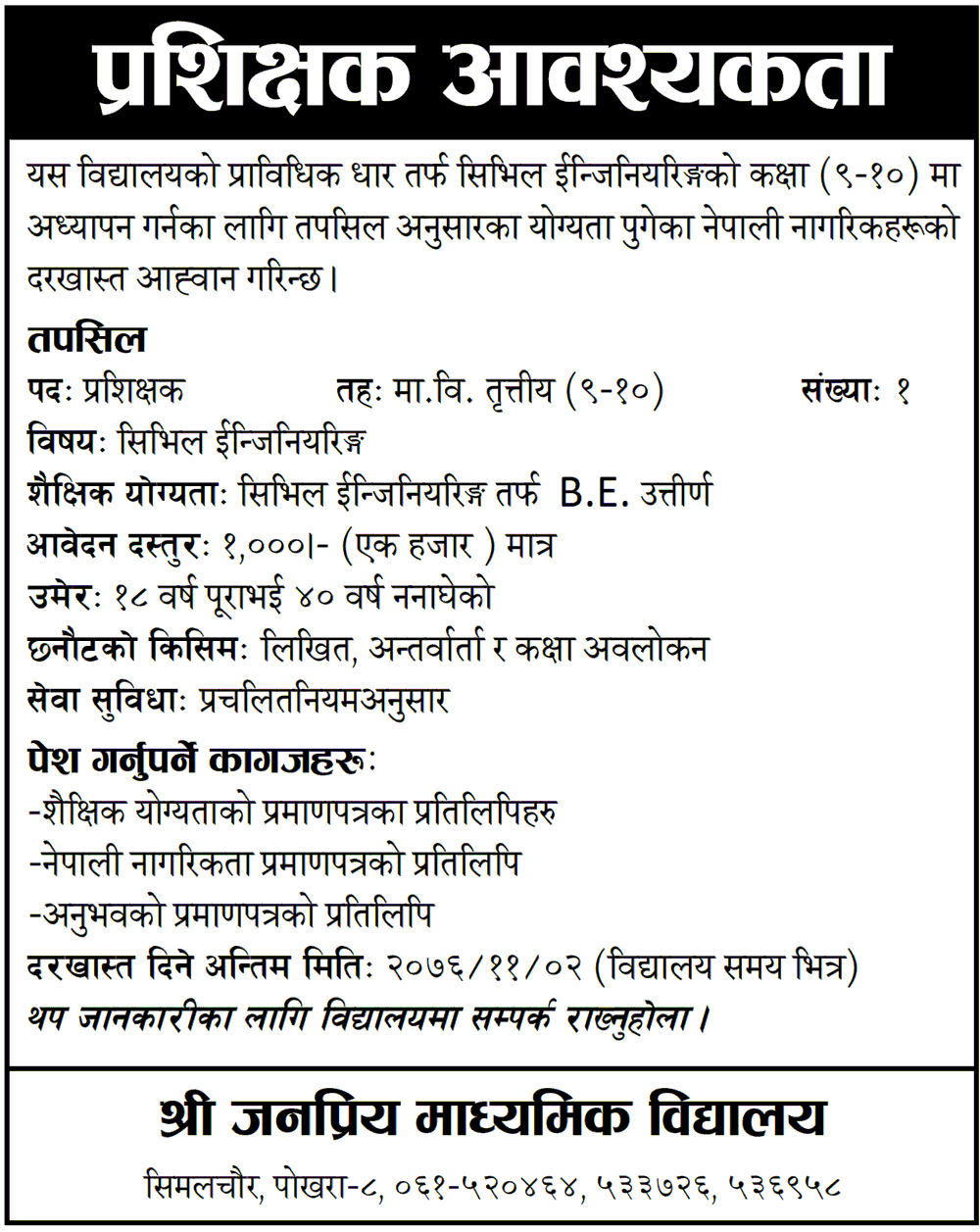 Janapriya Secondary School Simalchaur Job Vacancy for Teacher