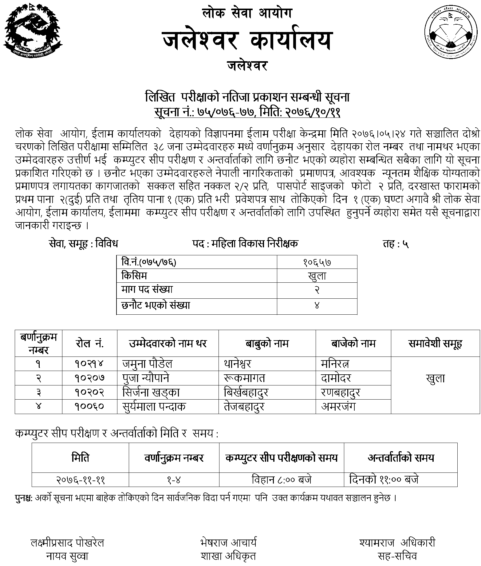 Lok Sewa Aayog Ilam Local Level 5th Mahila Bikas Nirikshak Written Exam Result