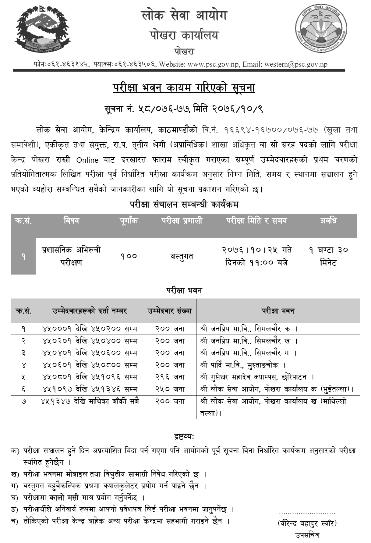 Lok Sewa Aayog Pokhara Section Officer First Phase Written Exam Center