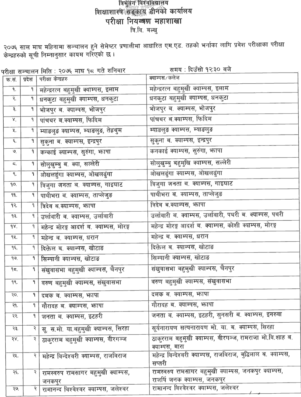 M.Ed. Entrance Exam Center 2076 - Tribhuvan University