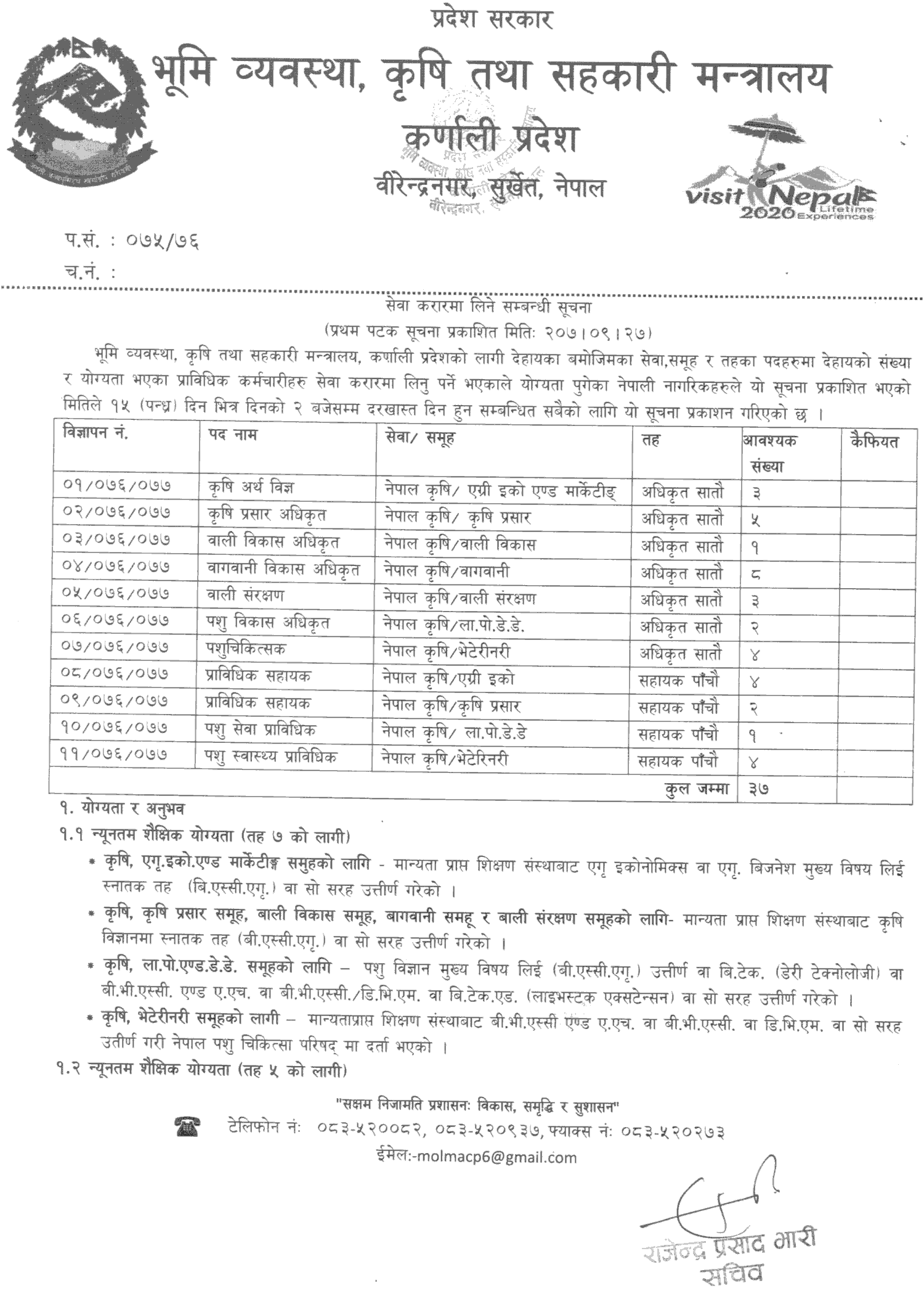 Ministry of Land Management, Agriculture and Cooperatives, Karnali Province Vacancy
