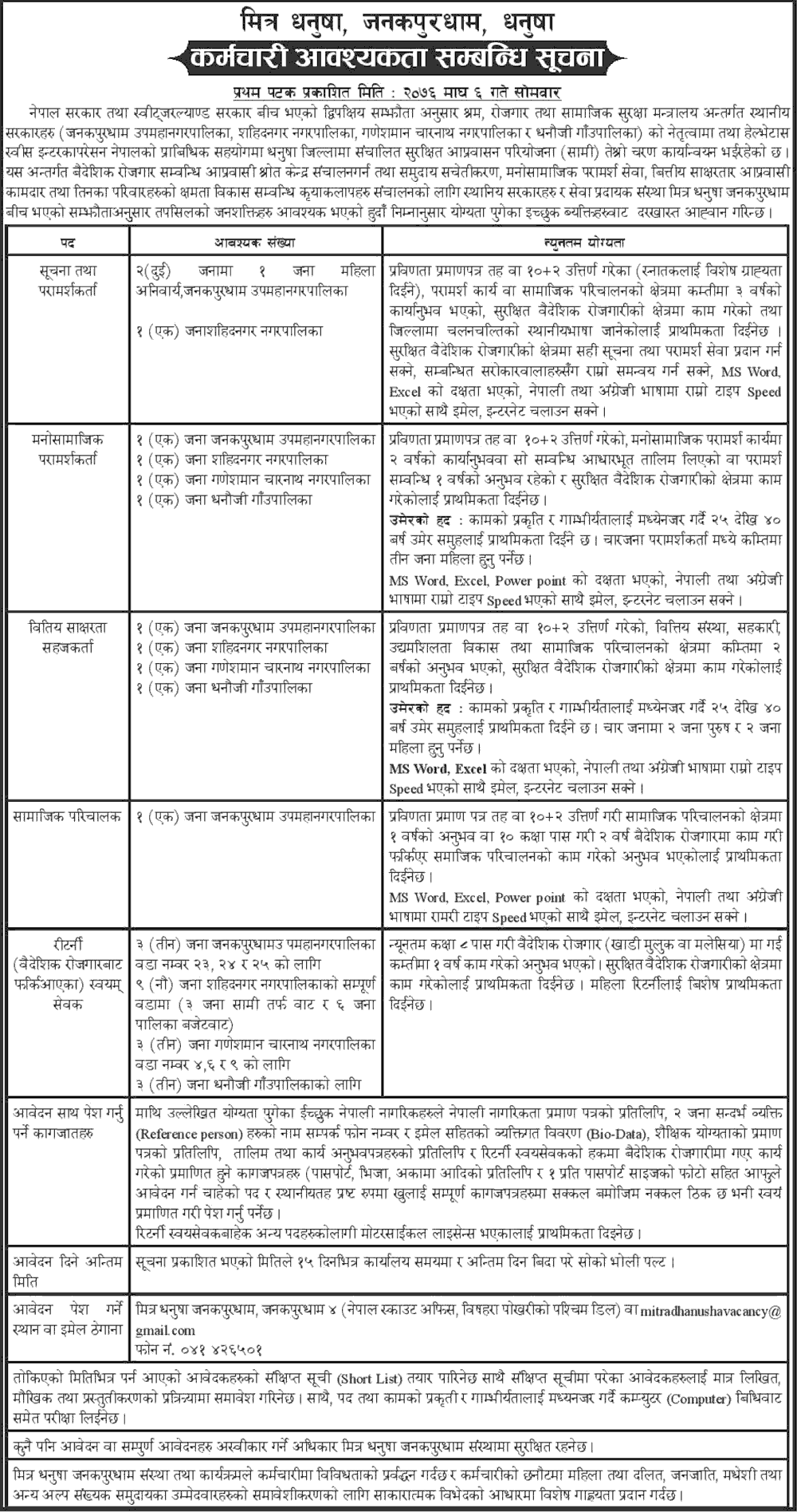 Mitra Dhanusha Janakpurdham Vacancy for Various Positions