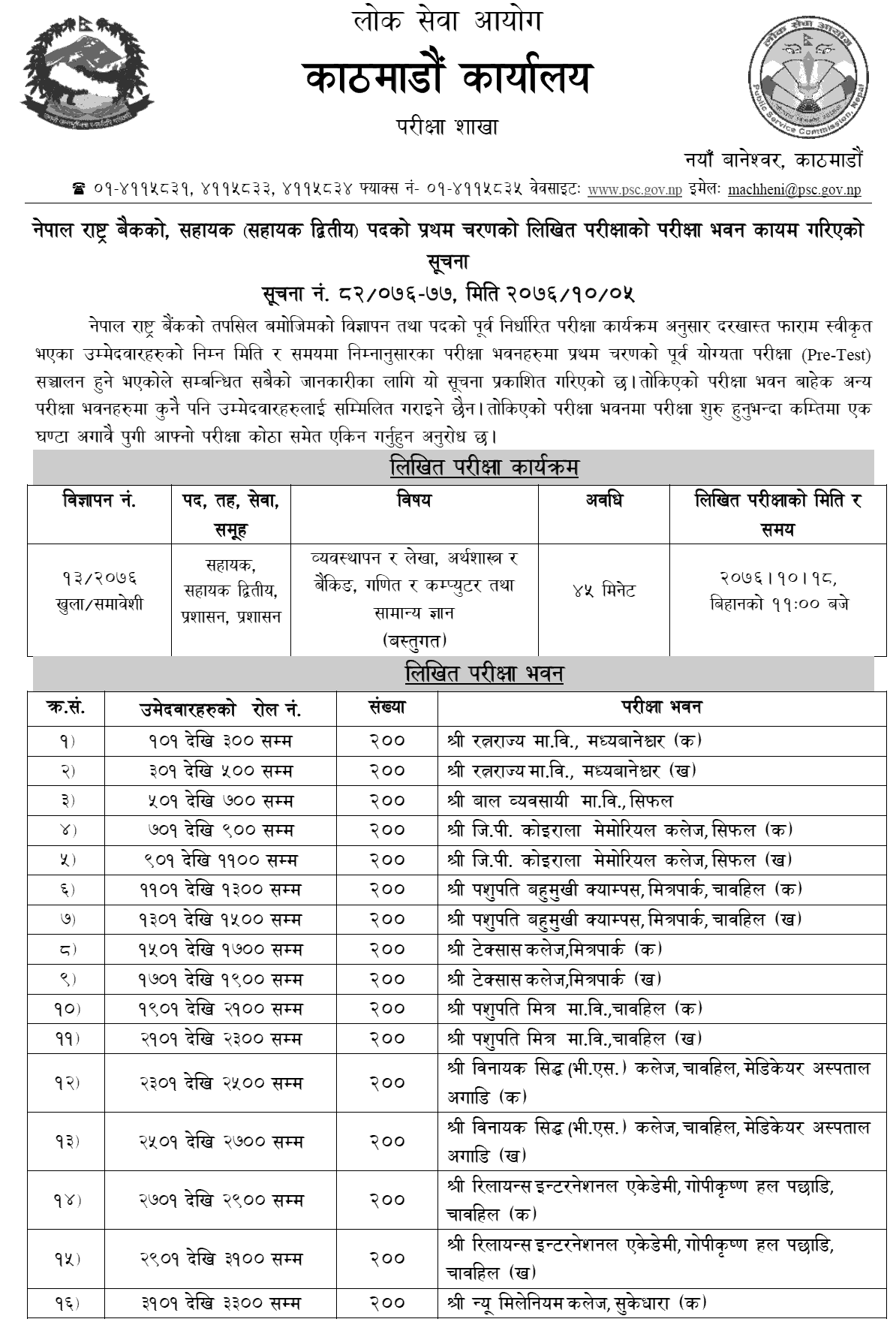 Nepal Rastra Bank Assistance Level Second Phase Exam Centers