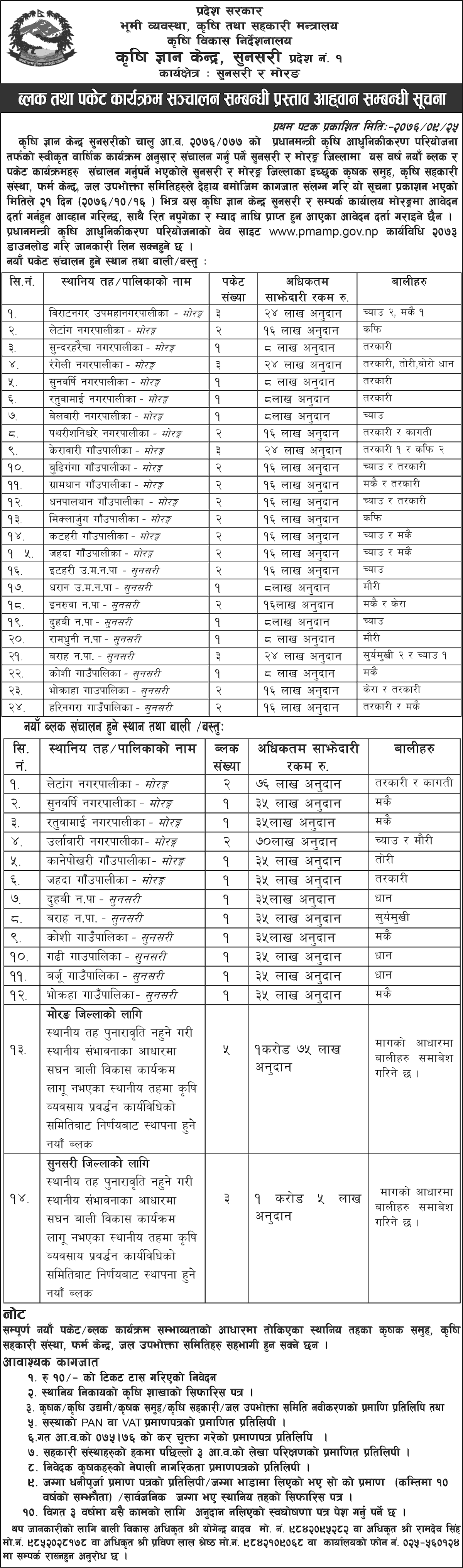 Notice from Ministry of LMAC Province No. 1 Regarding Agriculture Grand and Loan 1