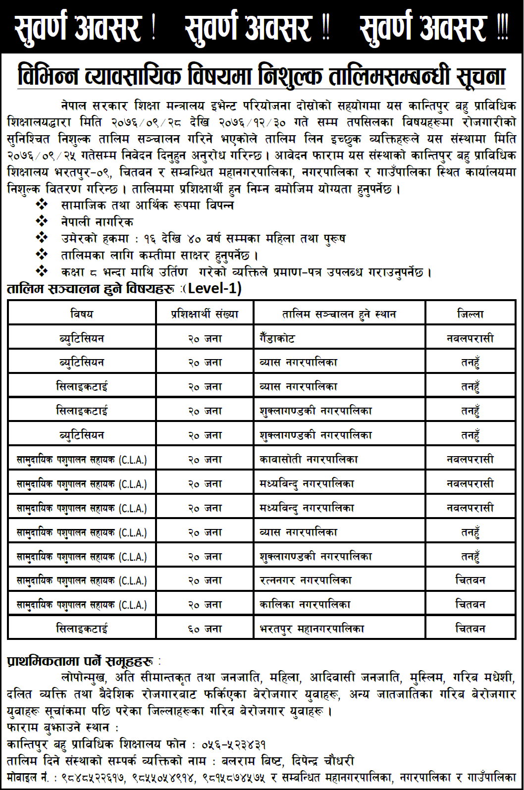 Short-Term Skilled Training in Various Districts