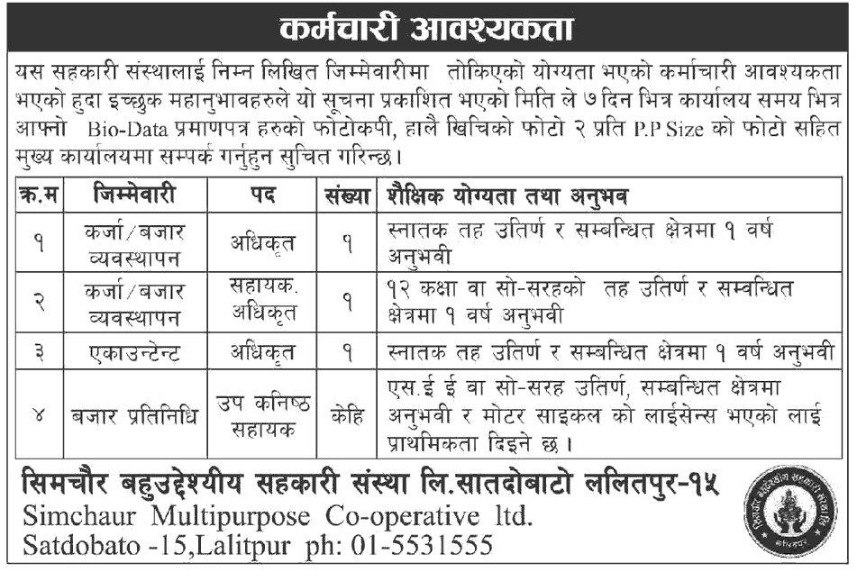 Simchaur Multipurpose Co-operative Limited Vacancy