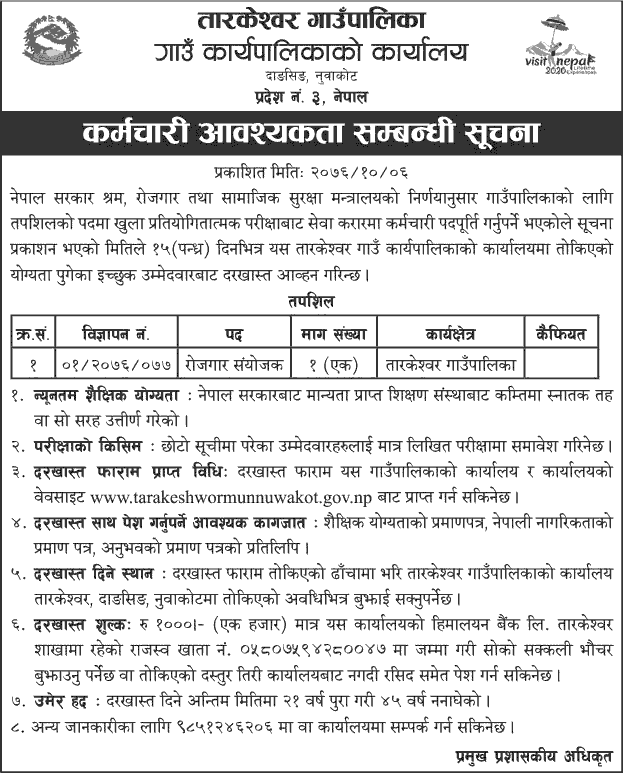 Tarkeshwor Rural Municipality Vacancy for Employment Coordinator