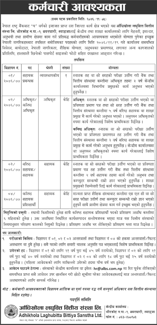 Adhikhola Laghubitta Bittiya Sanstha Limited Vacancy