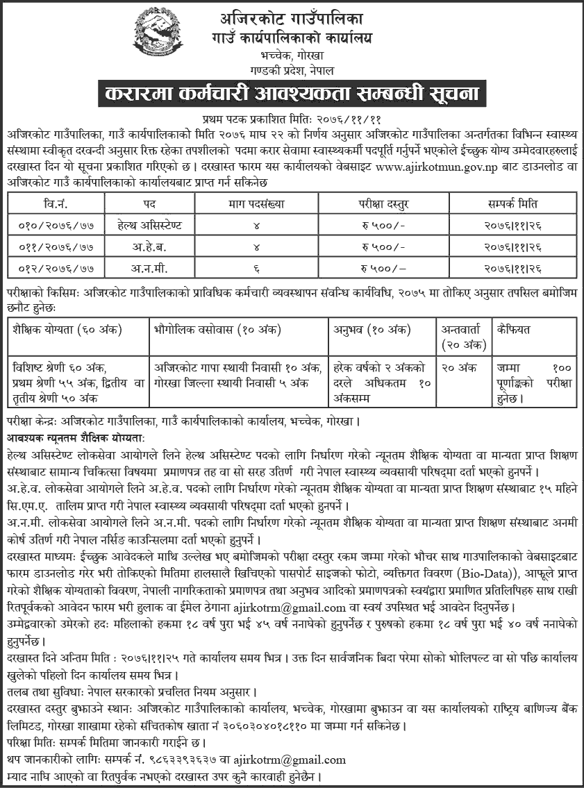 Ajirkot Gaupalika Vacancy for Lab Assistant, ANM and AHW