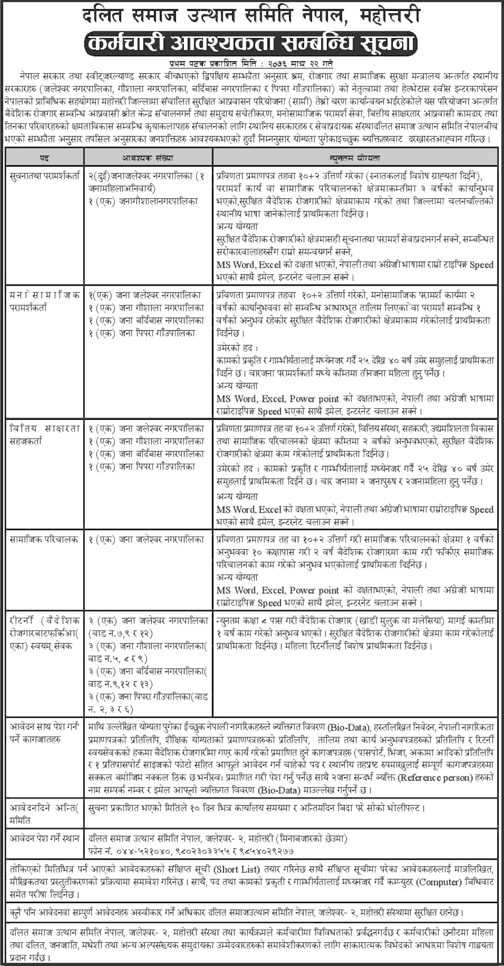 Dalit Samaj Utthan Samiti Nepal Mahottari Vacancy for Various Positions
