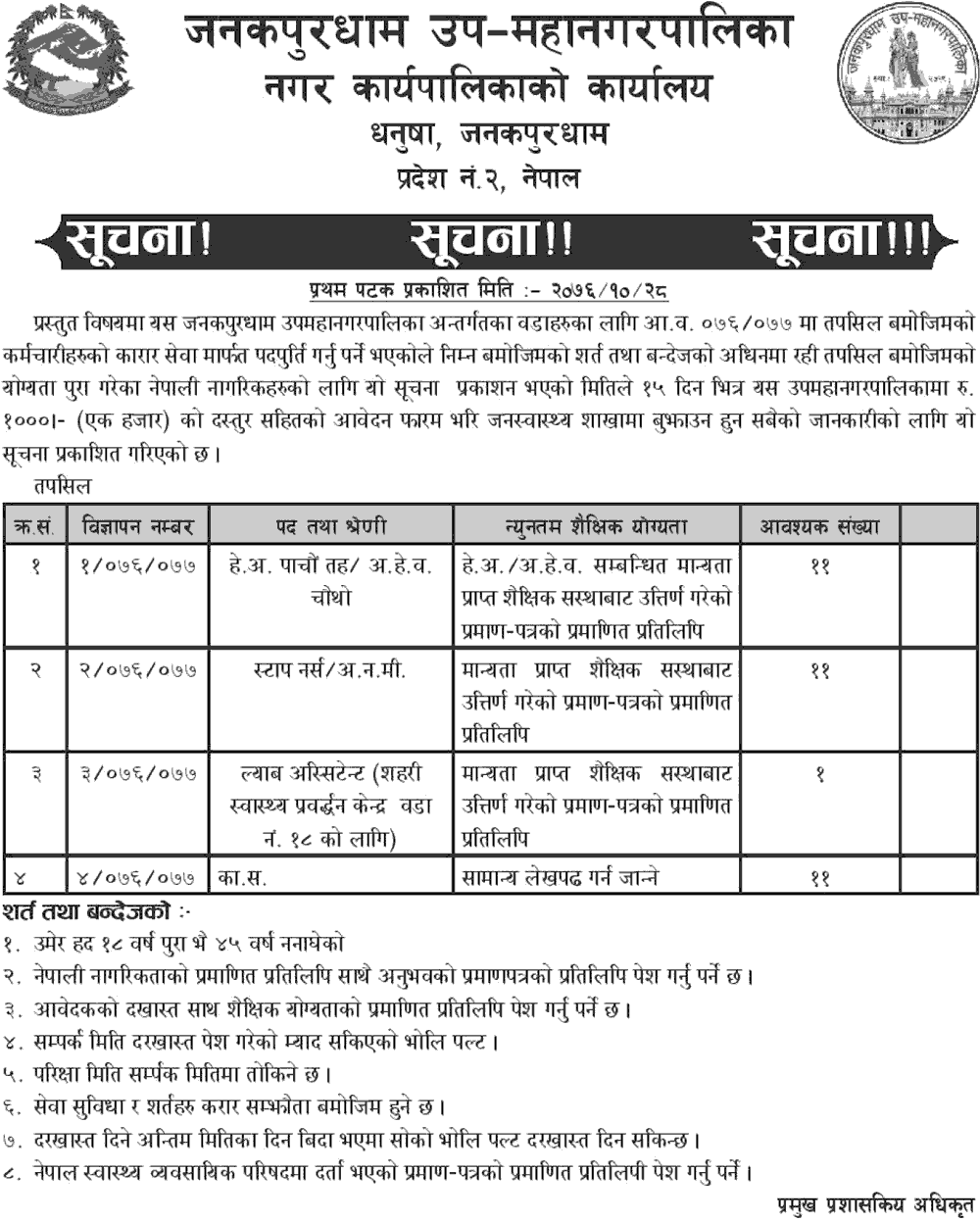 Janakpur Sub Metropolitan City Vacancy for Health Services and Office Assistant