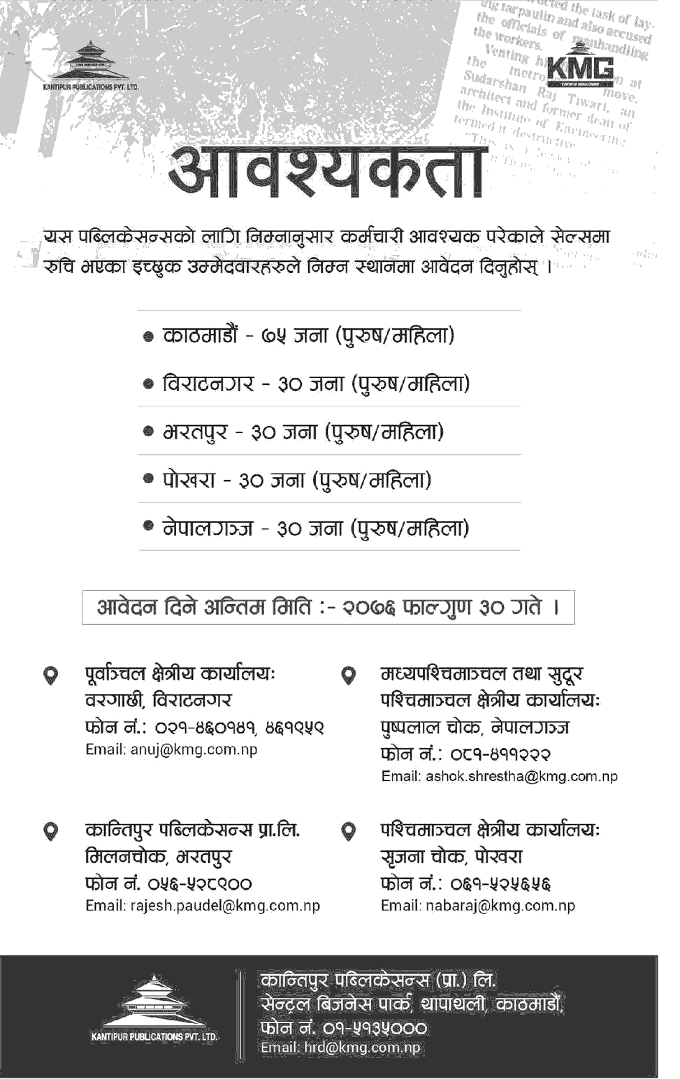 Kantipur Publication Vacancy for 195 Sales Boys and Sales Girls