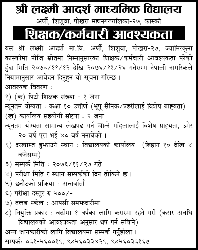 Laxmi Aadarsha Secondary School Kaski Vacancy for Teacher