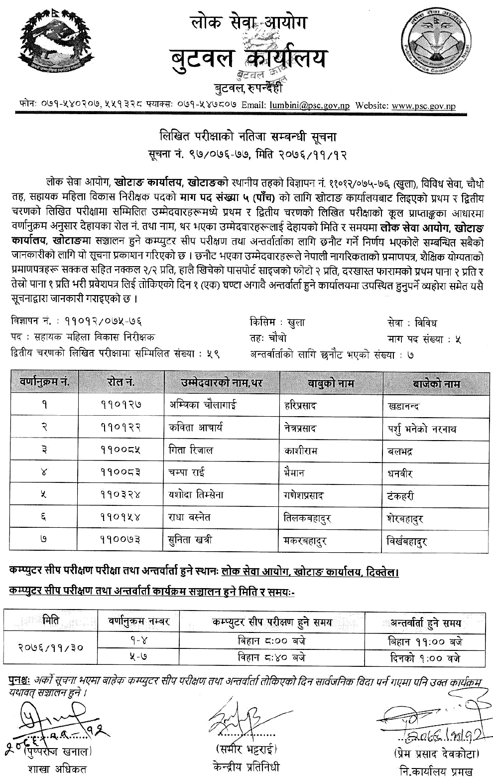 Lok Sewa Aayog Khotang Local Level 4th Sahayak Mahila Bikas Nirikshak Written Exam Result