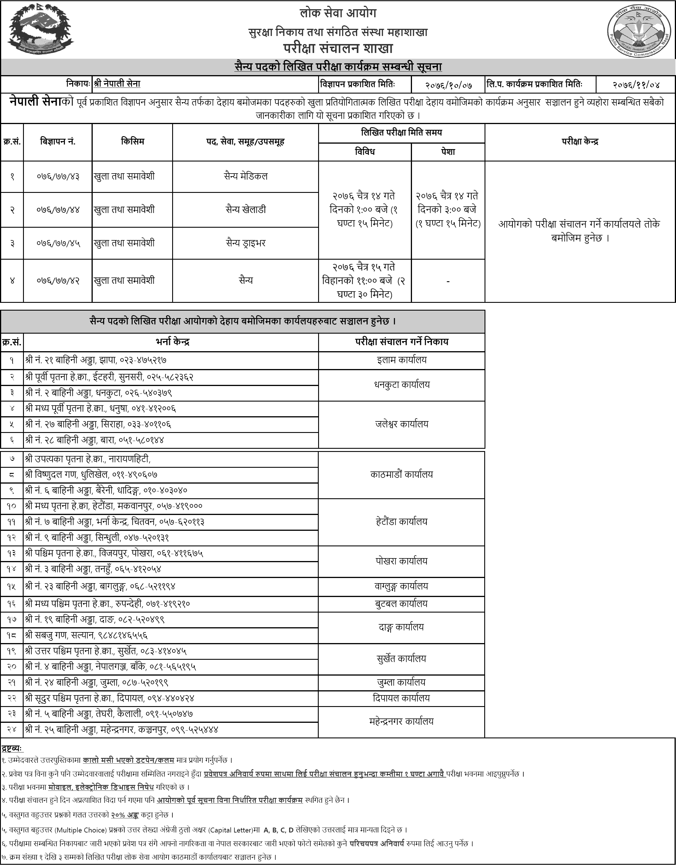 Nepal Army Saine Written Exam Schedule