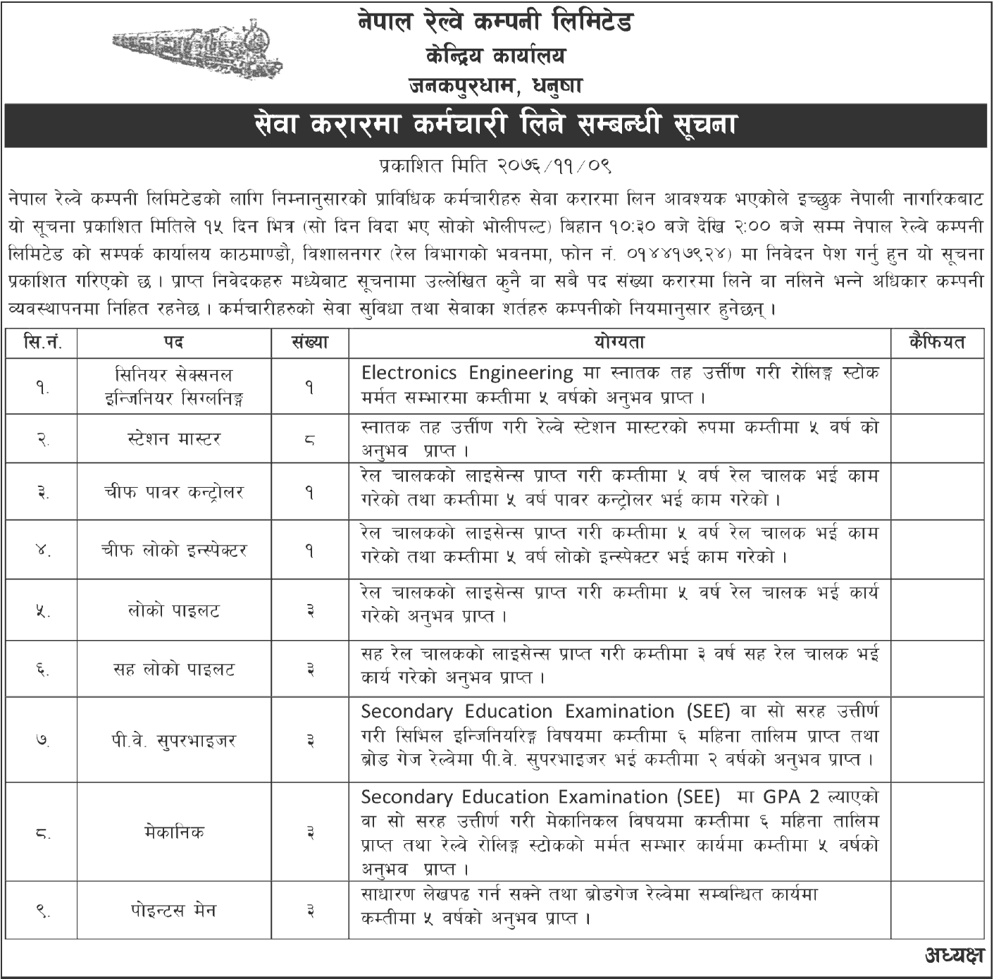 Nepal Railway Company Limited Vacancy for Various Positions