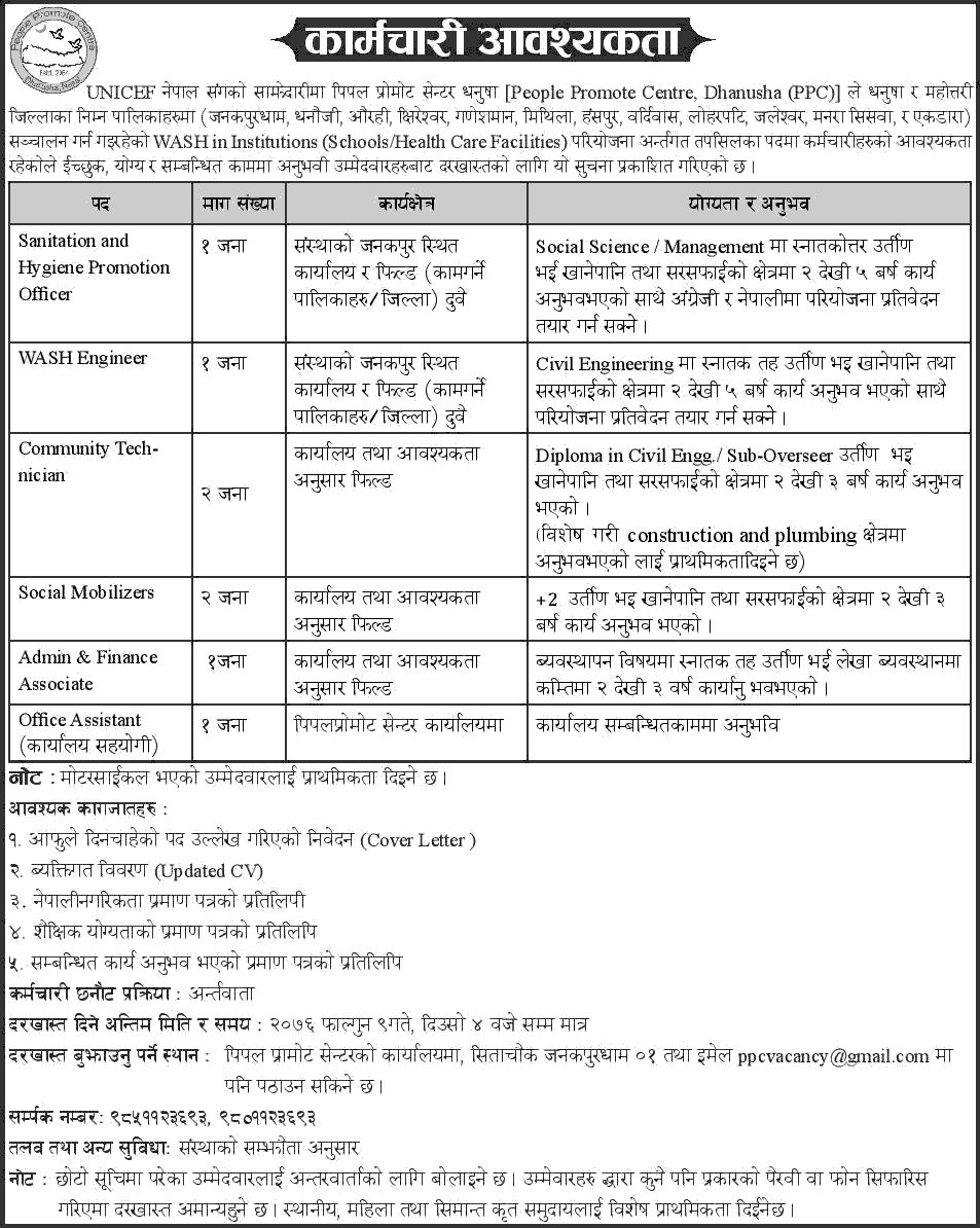 People Promote Centre, Dhanusha Vacancy for Various Positions