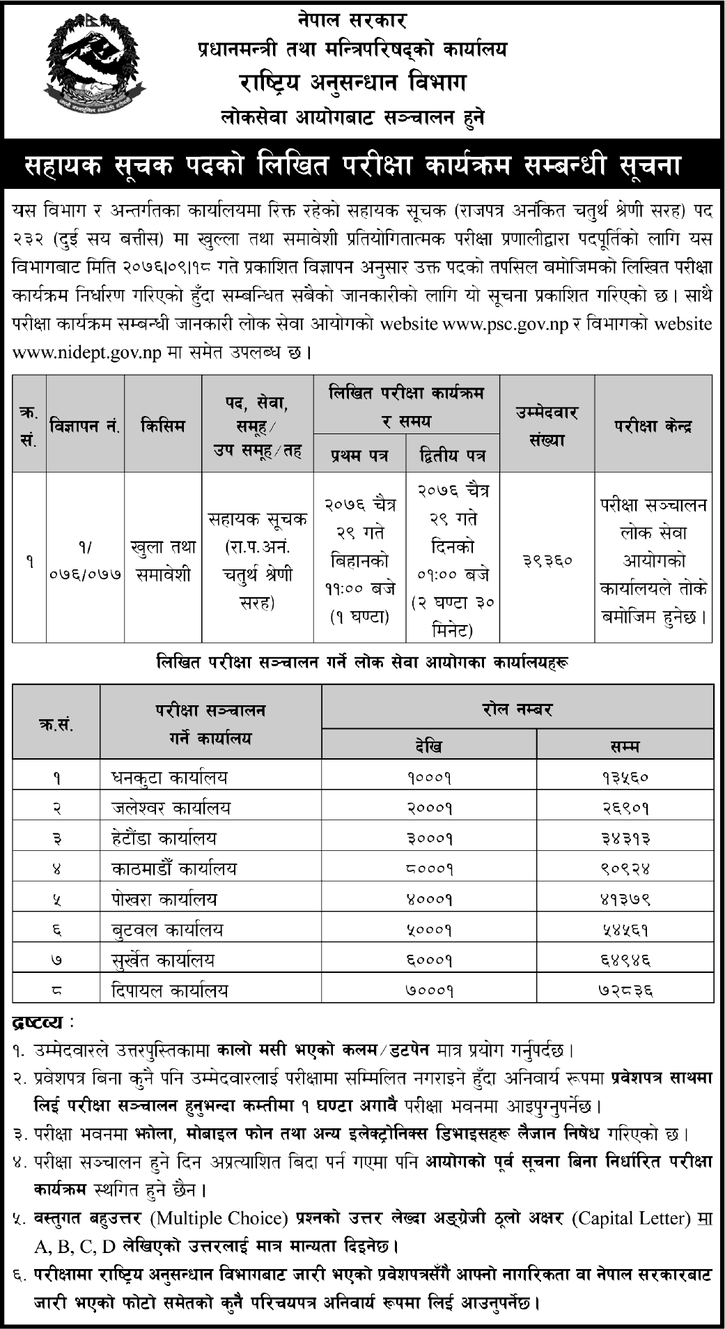 Rastriya Anusandhan Bibhag Written Exam Schedule of Sahayak Suchak