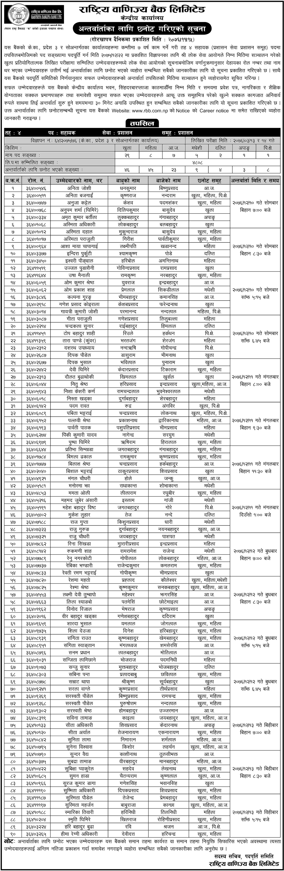 Rastriya Banijya Bank Assistant Level Interview Notice
