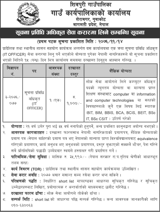 Shivapuri Gaupalika Vacancy for IT Officer