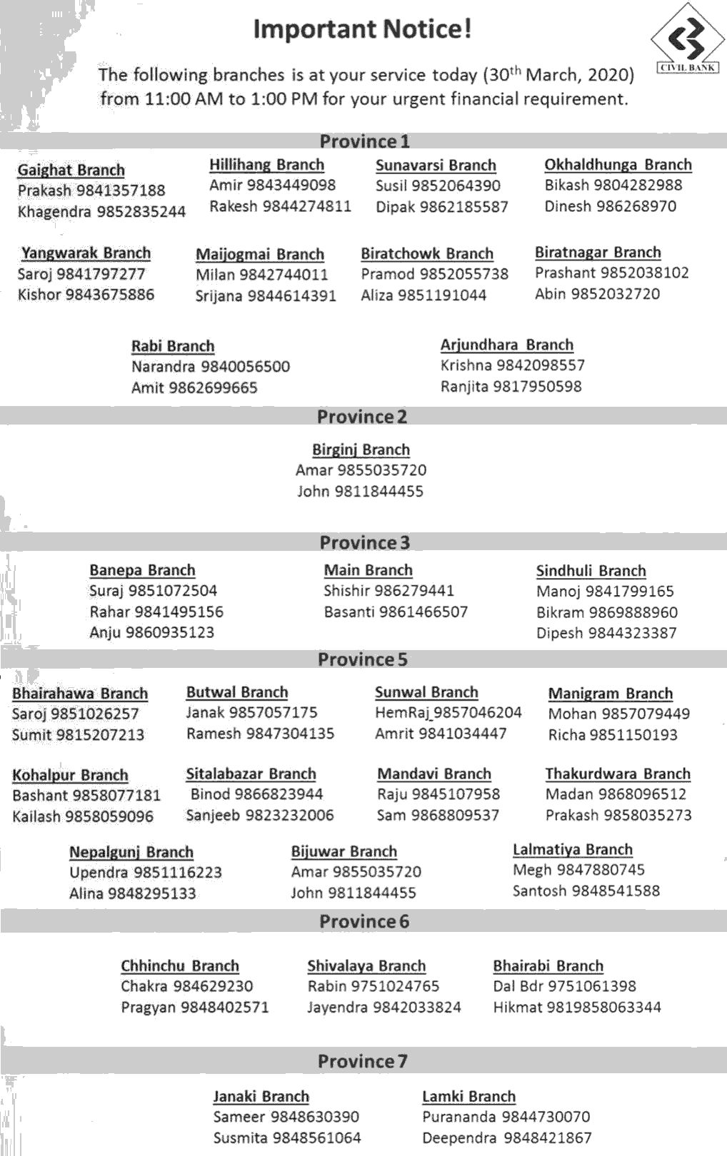 Civil Bank Limited Banking Hours Notice