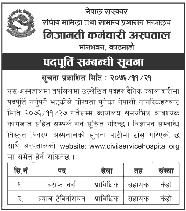 Civil Service Hospital Job Vacancy Notice