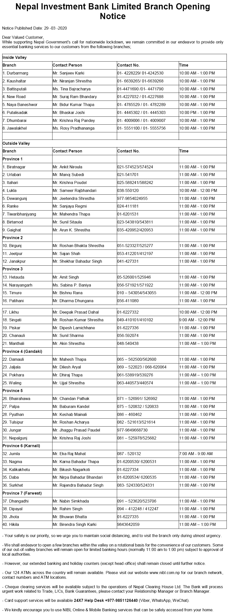 Nepal Investment Bank Limited Branch Opening Notice