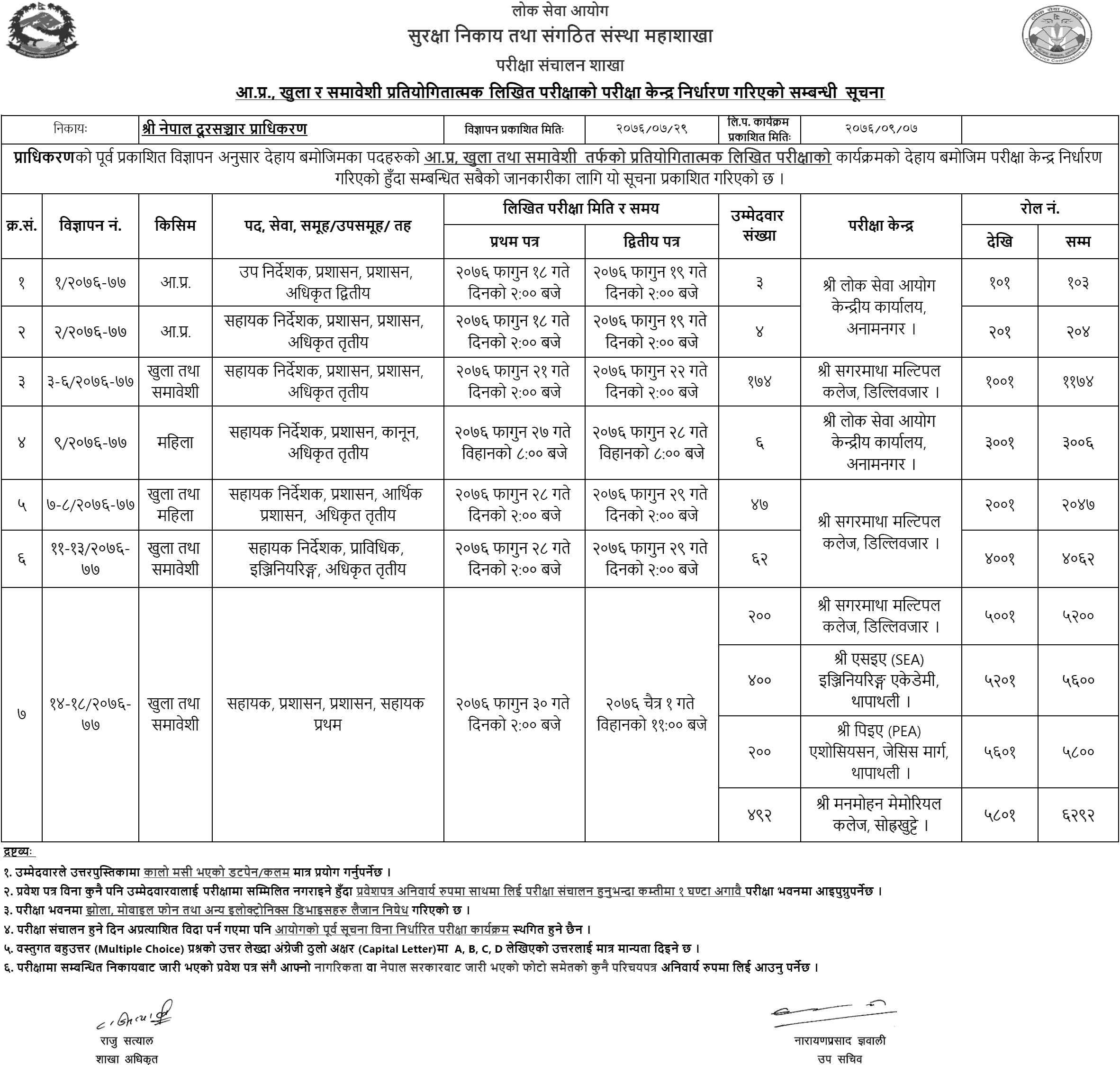 Nepal Telecommunication Authority Written Exam Exam Center for Various Positions
