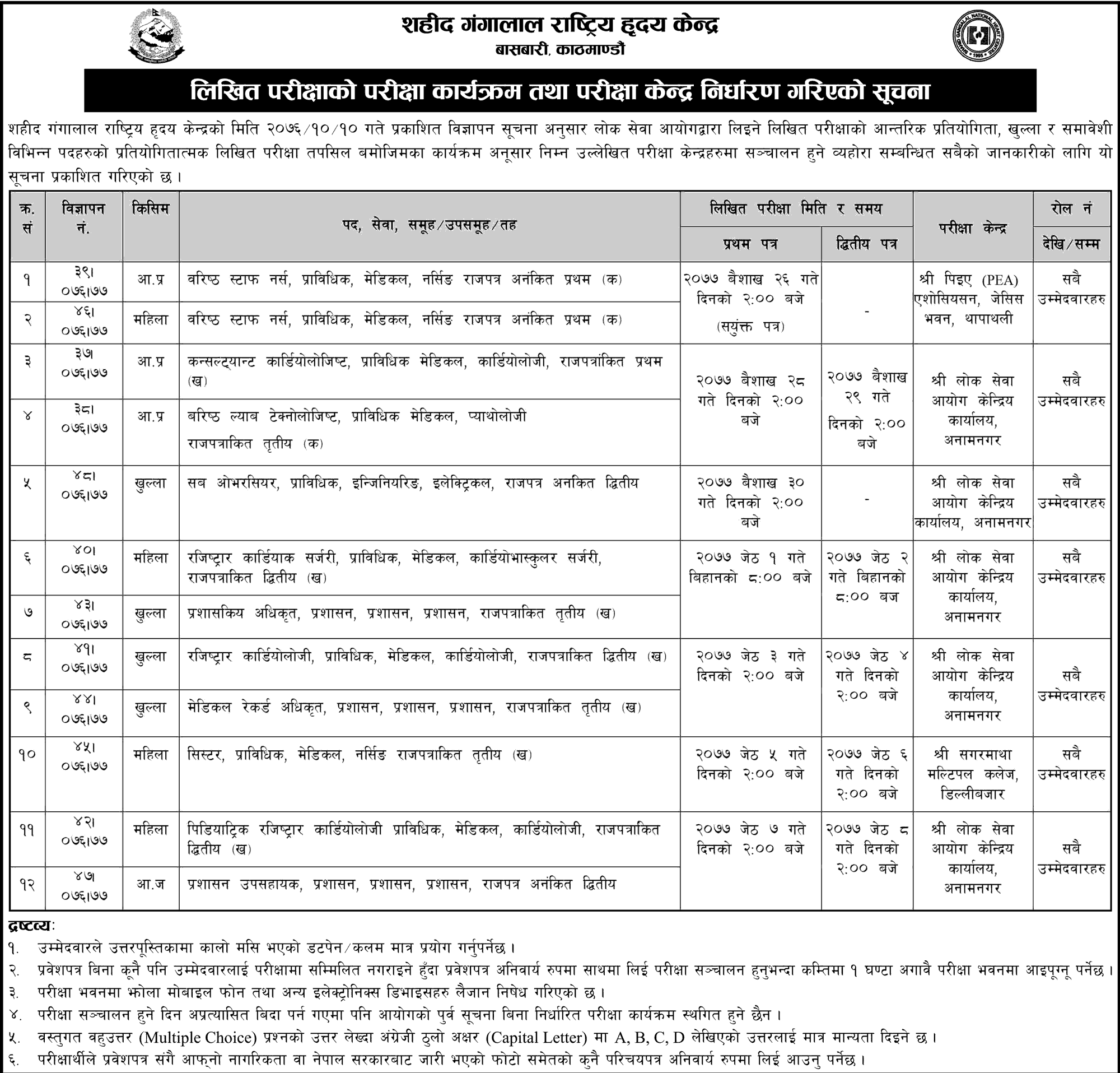 Shaheed Gangalal National Heart Center Written Exam Schedule and Exam Center