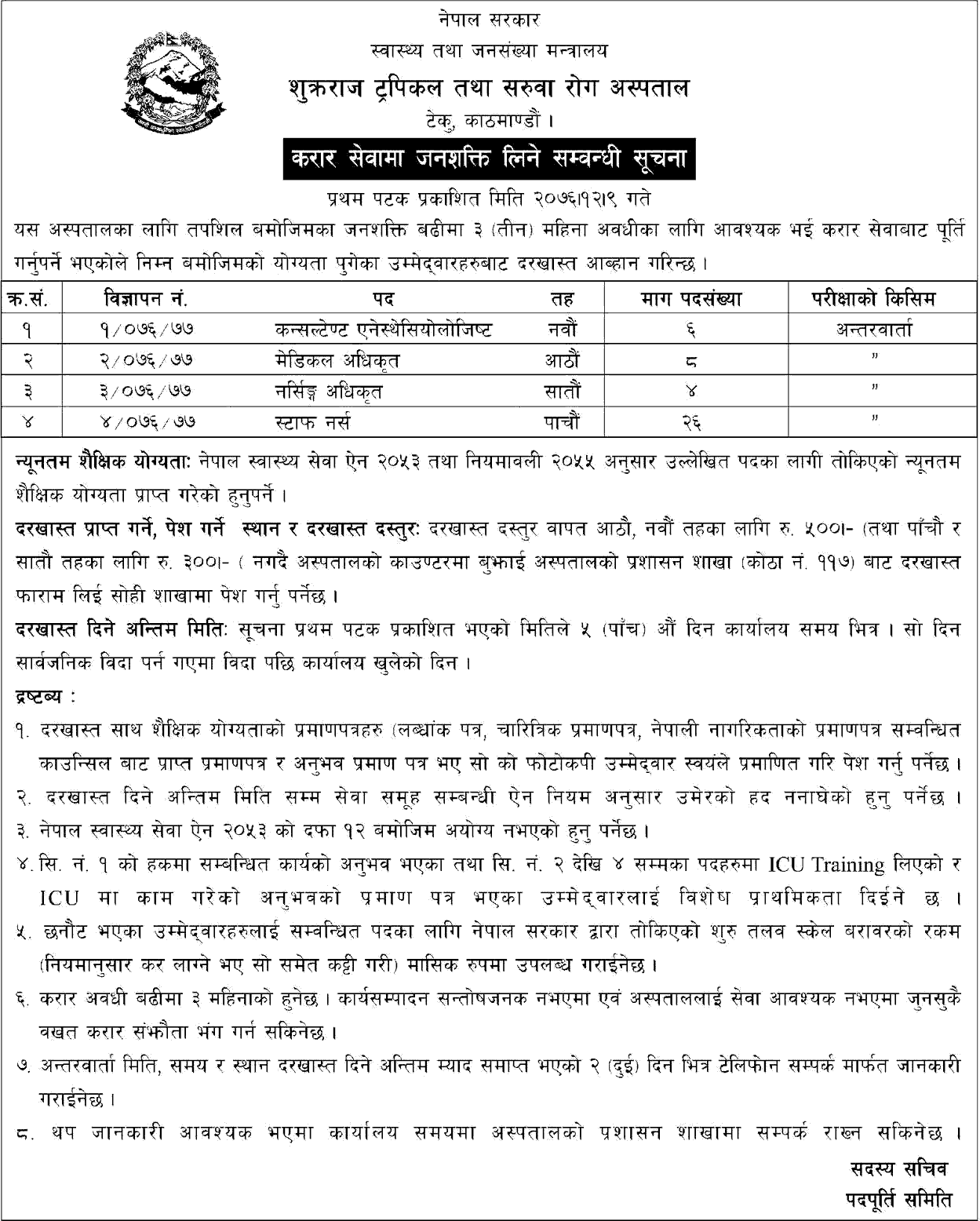 Sukraraj Tropical and Infectious Disease Hospital Vacancy