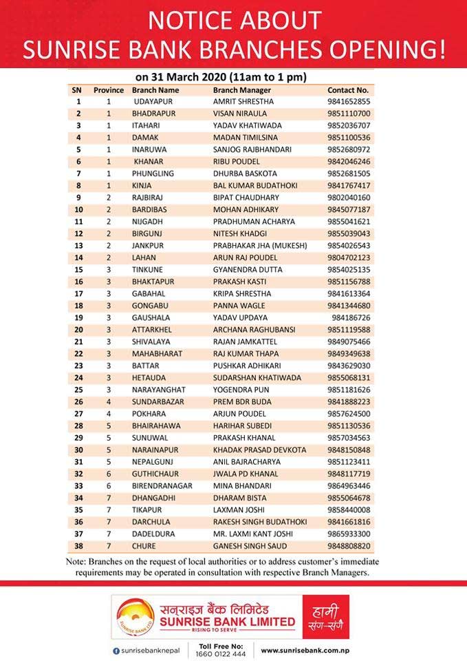 Sunrise Bank Limited Notice for Banking Hours