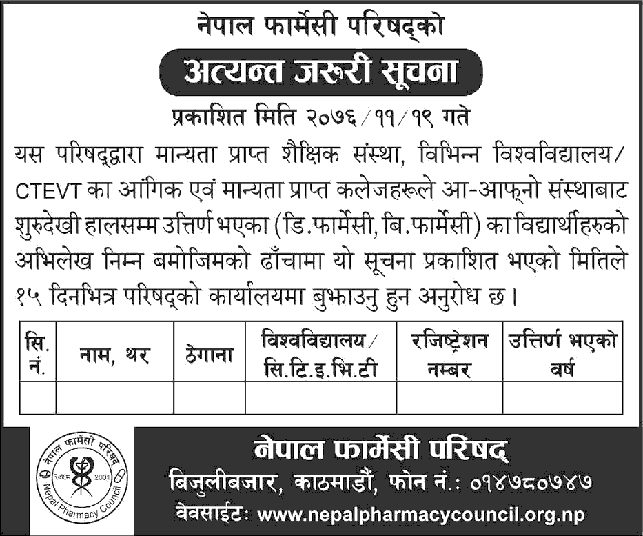 Urgent Notice from Nepal Pharmacy Council