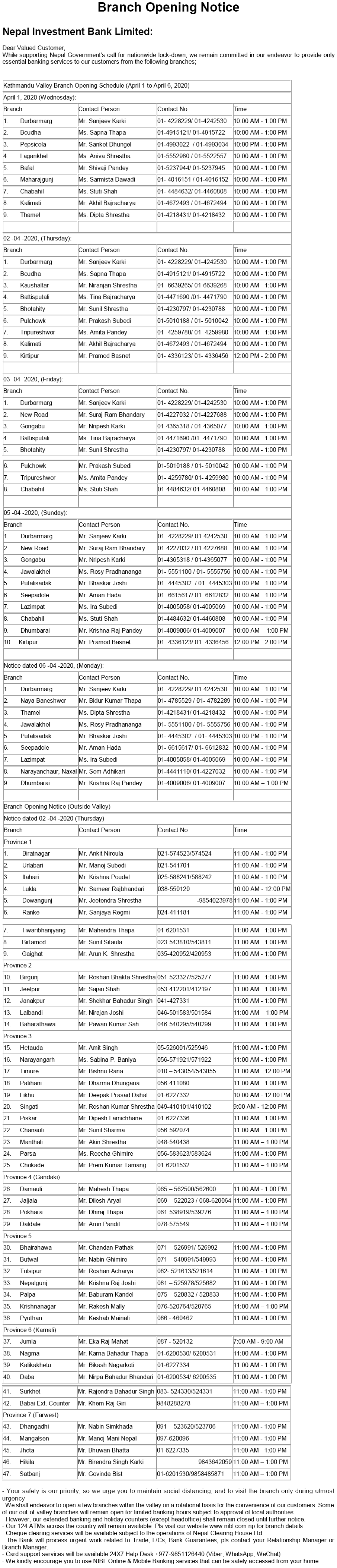 Nepal Investment Bank Limited Banking Hours Notice