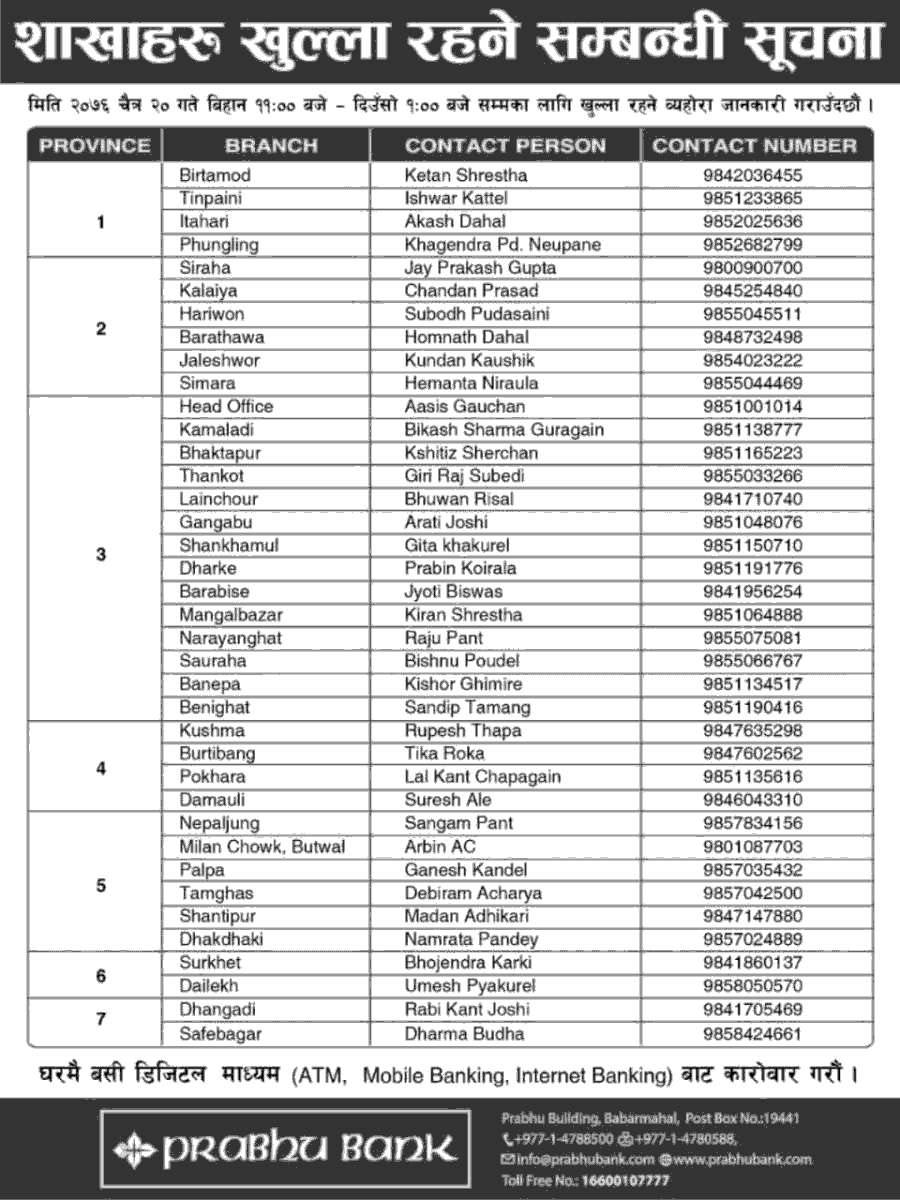 Prabhu Bank Limited Banking Hours Notice