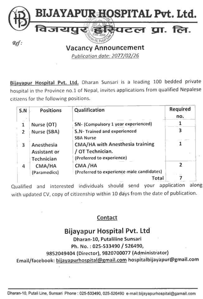 Bijayapur Hospital Vacancy for Various Positions