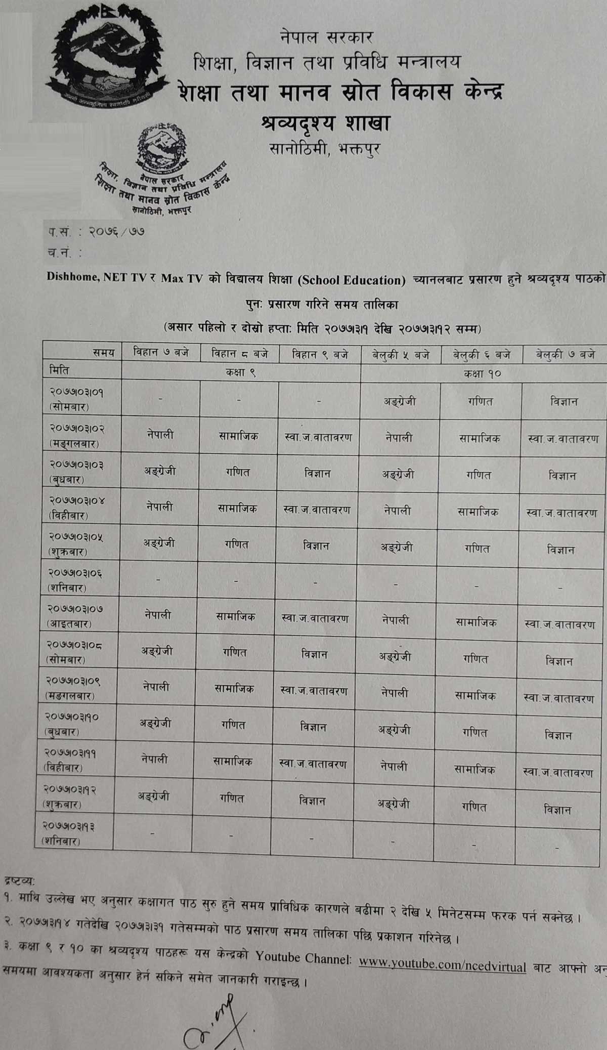 Class 1 to 10 Time Table of Audio Visual (TV) Class