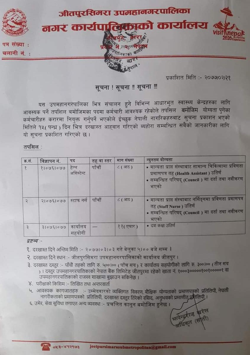 Jeetpursimara Sub-metropolitan City Vacancy for HA, Staff Nurse and Office Assistant