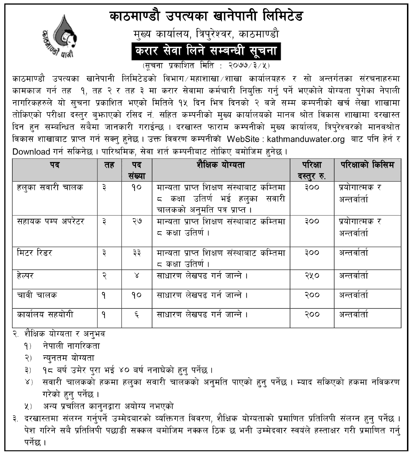 Kathmandu Upatyaka Khanepani Limited (KUKL) Vacancy for Various Positions