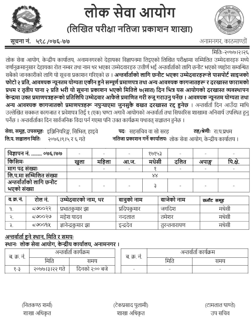 Lok Sewa Aayog Published Written Exam Result of Under Secretary (Engineering)