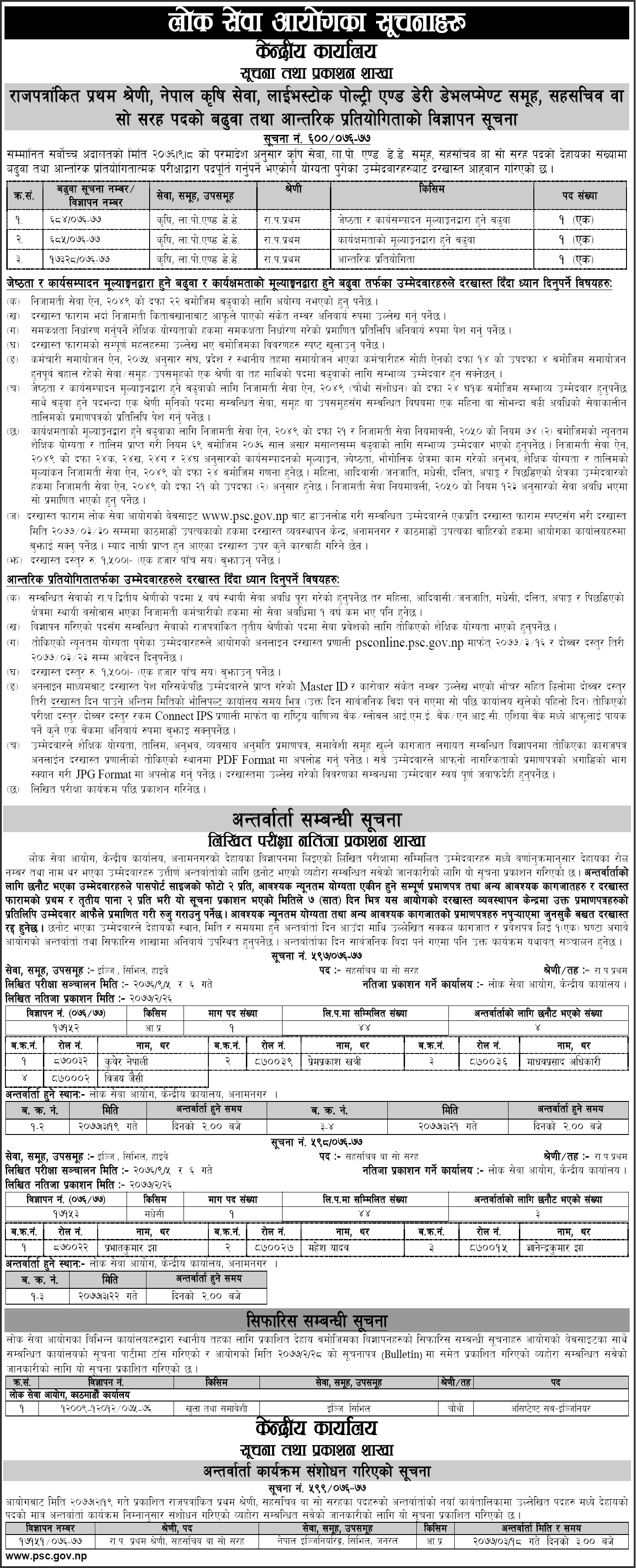 Lok Sewa Aayog Vacancy and Notices 2077 Jestha 28