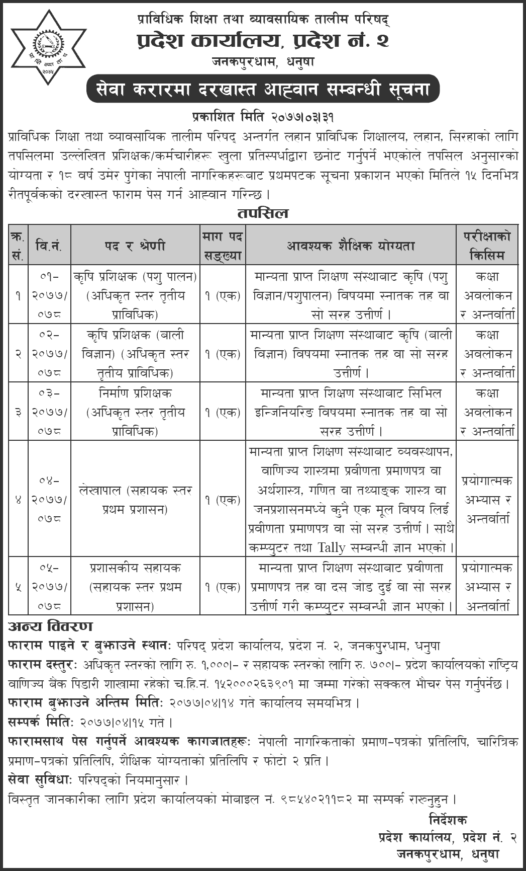 CTEVT Vacancy for Province No. 2 Office